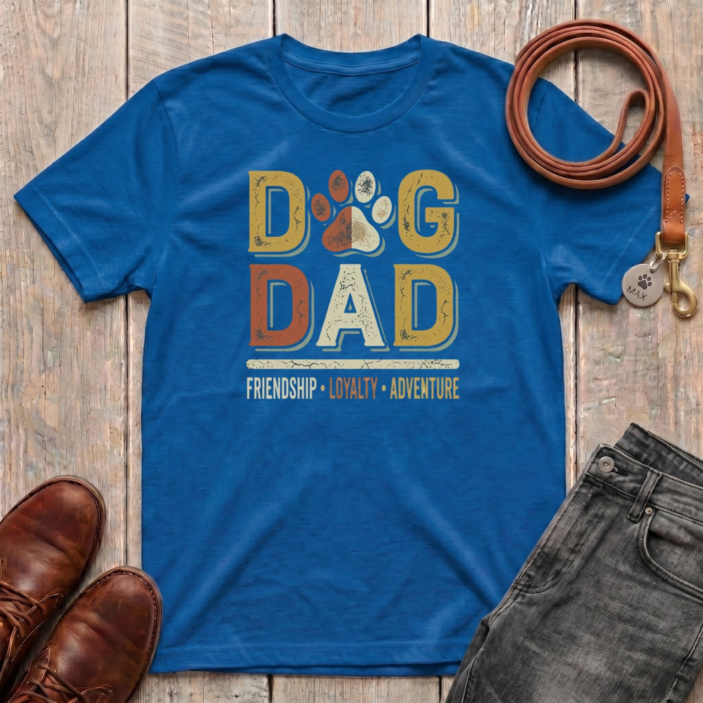 Fetchkind Dog Dad Friendship Loyalty Adventure t-shirt in royal blue retro paw print dog dad gift tee