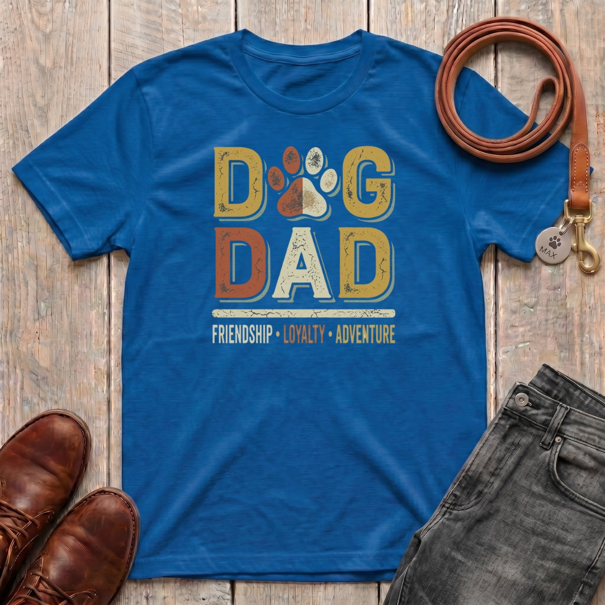 Fetchkind Dog Dad Friendship Loyalty Adventure t-shirt in royal blue retro paw print dog dad gift tee