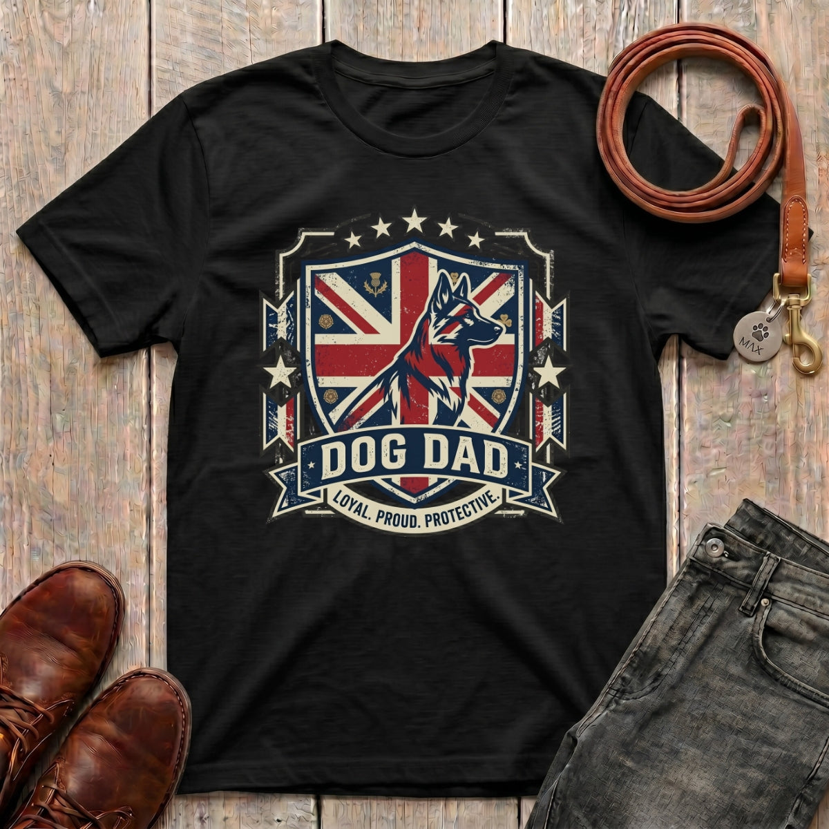 Fetchkind Dog Dad British crest t-shirt in black with distressed Union Jack and shepherd illustration