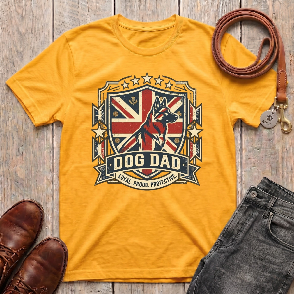 Fetchkind Dog Dad British crest t-shirt in gold Union Jack dog dad gift idea from Fetchkind UK