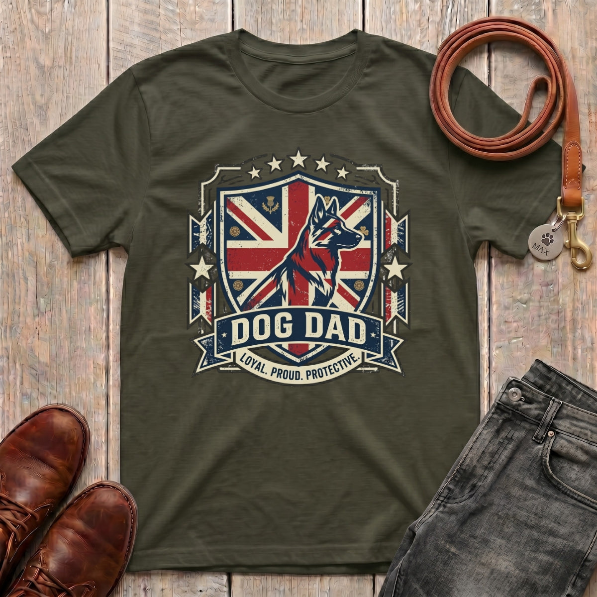 Fetchkind Dog Dad Loyal Proud Protective tee in military green British dog dad gift for pet owners UK