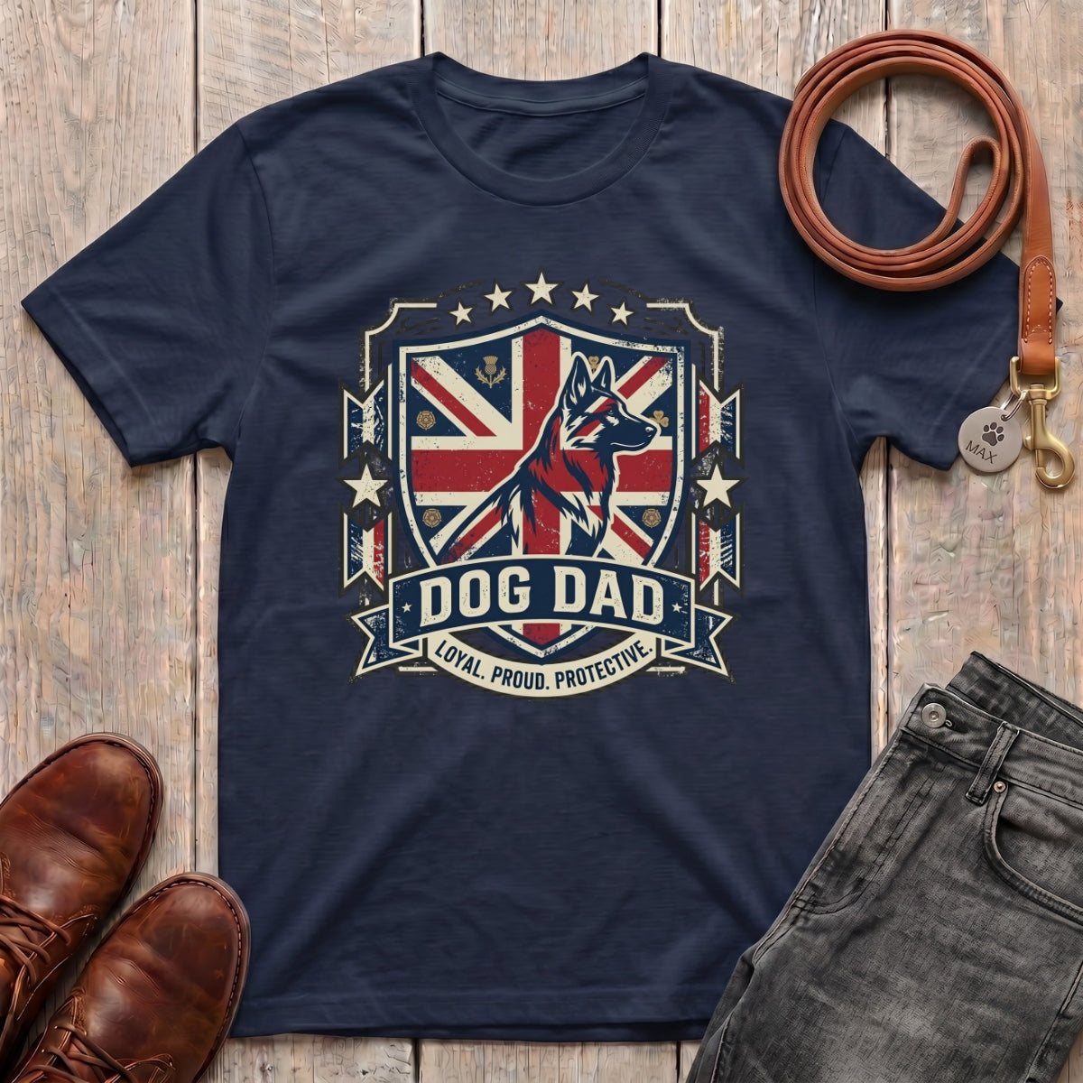 Fetchkind Dog Dad Loyal Proud Protective t-shirt in navy a bold British gift for dog dads UK