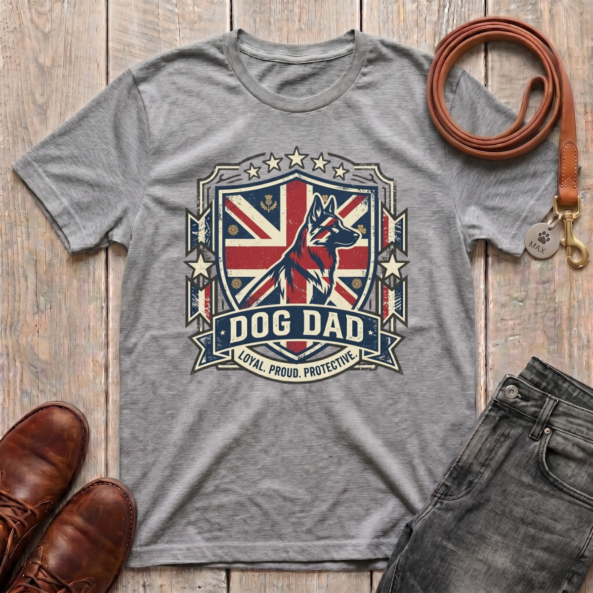 Fetchkind Dog Dad Loyal Proud Protective t-shirt in sport grey comfortable British dog dad gift tee