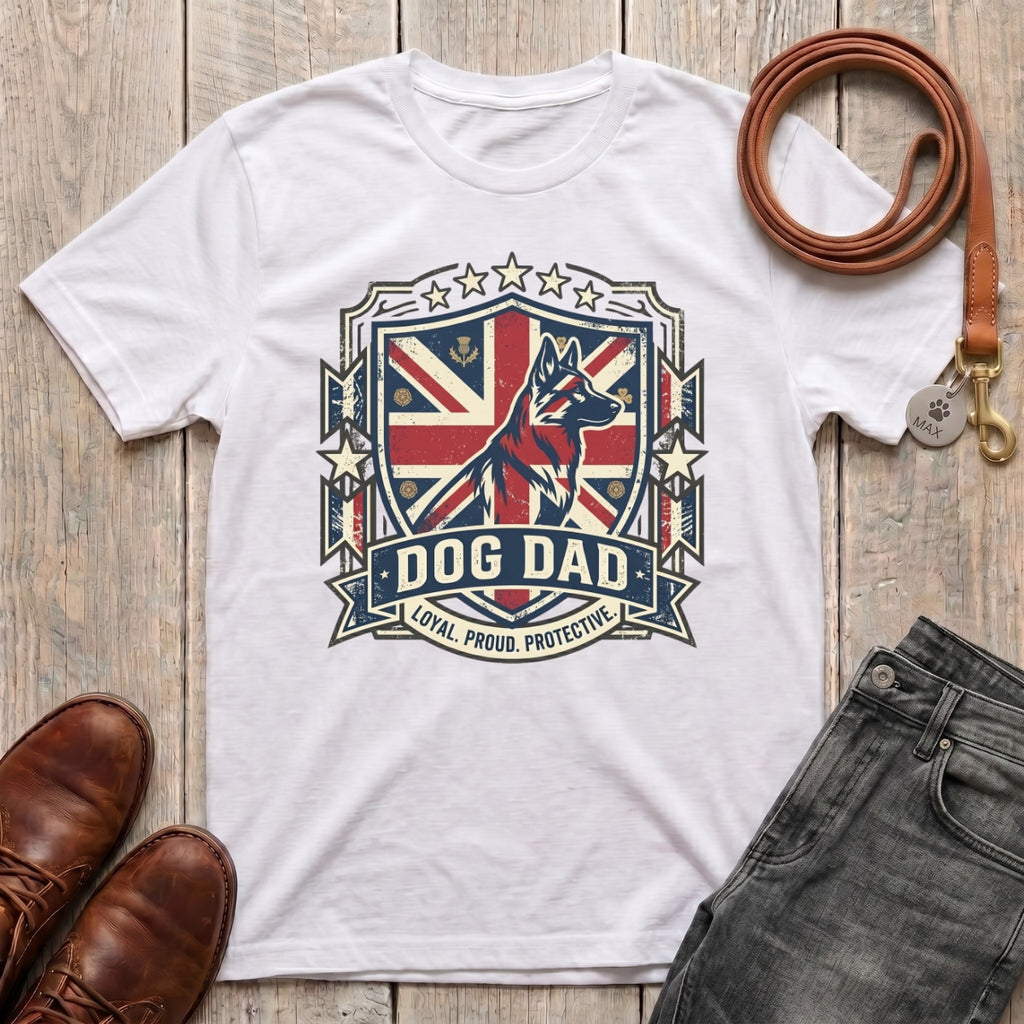 Fetchkind Dog Dad Loyal Proud Protective t-shirt in white with Union Jack crest and shepherd design