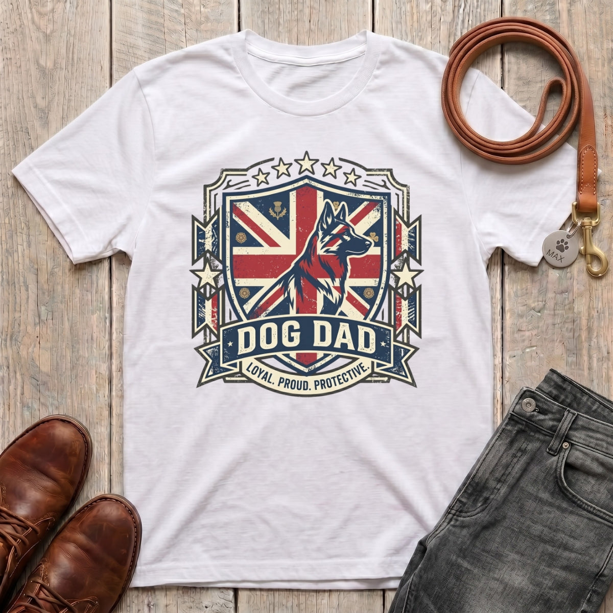 Fetchkind Dog Dad Loyal Proud Protective t-shirt in white with Union Jack crest and shepherd design