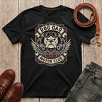Fetchkind Dog Dad Motor Club t-shirt in black with bold bulldog piston and wings badge design