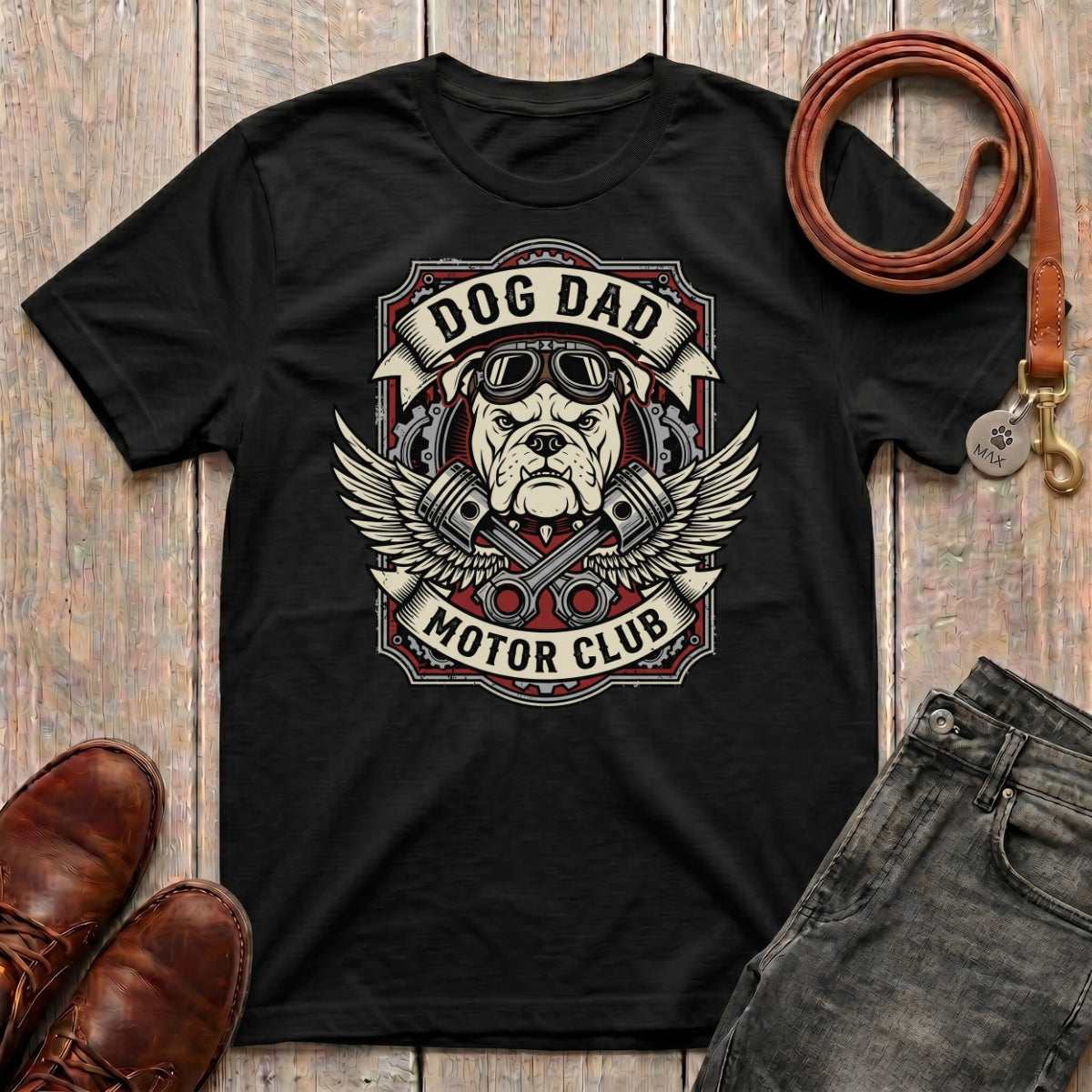 Fetchkind Dog Dad Motor Club t-shirt in black with bold bulldog piston and wings badge design