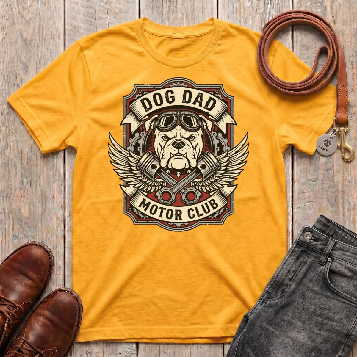 Fetchkind Dog Dad Motor Club t-shirt in gold vintage bulldog motor club dog dad gift Fetchkind UK