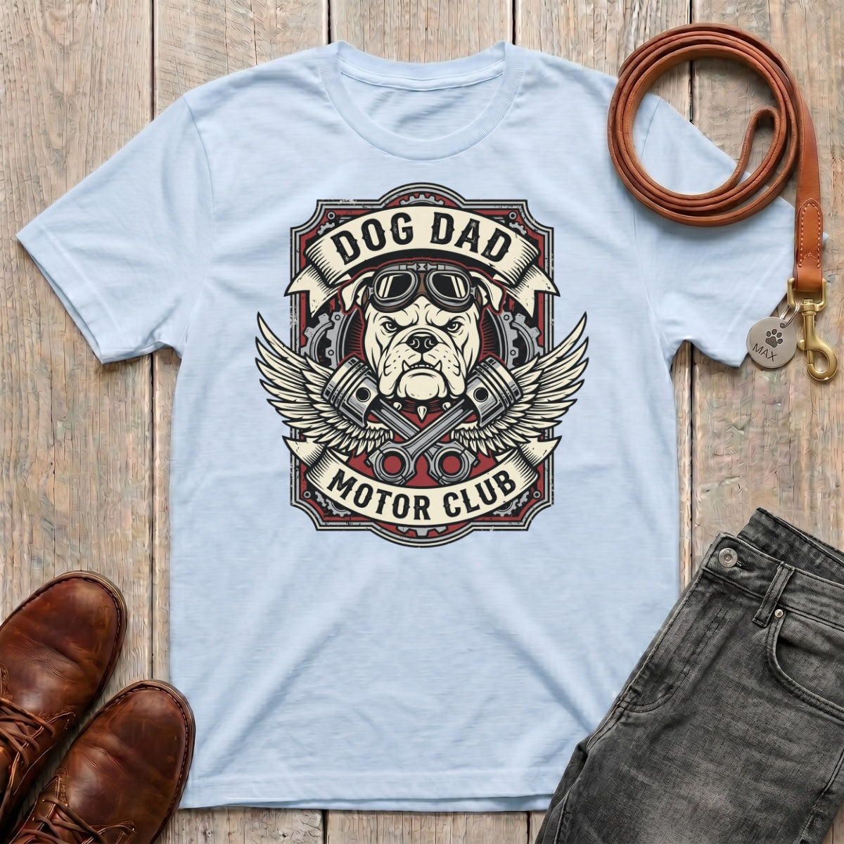 Fetchkind Dog Dad Motor Club t-shirt in light blue vintage bulldog dog dad gift tee UK