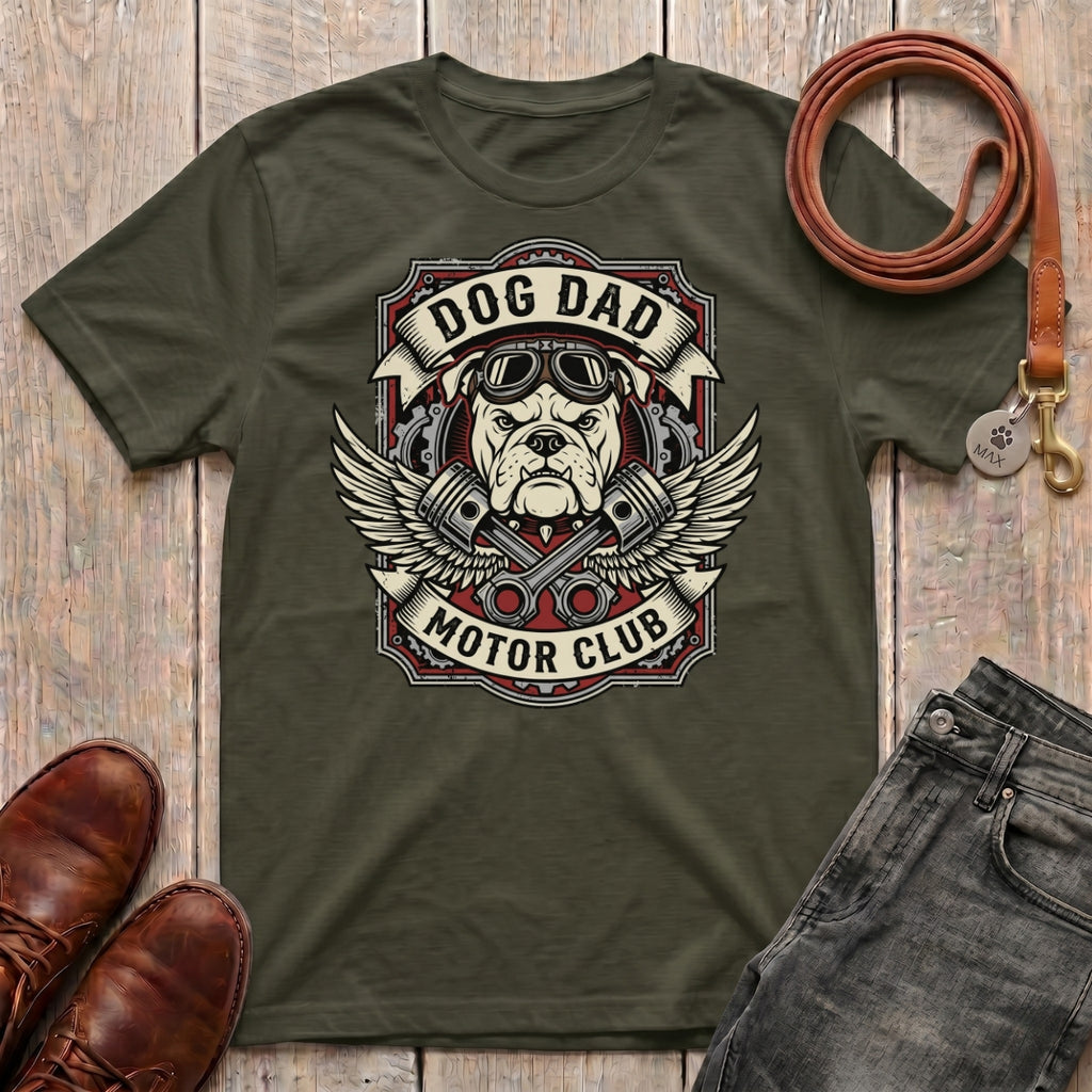 Fetchkind Dog Dad Motor Club t-shirt in military green bold biker dog dad tee for UK pet owners