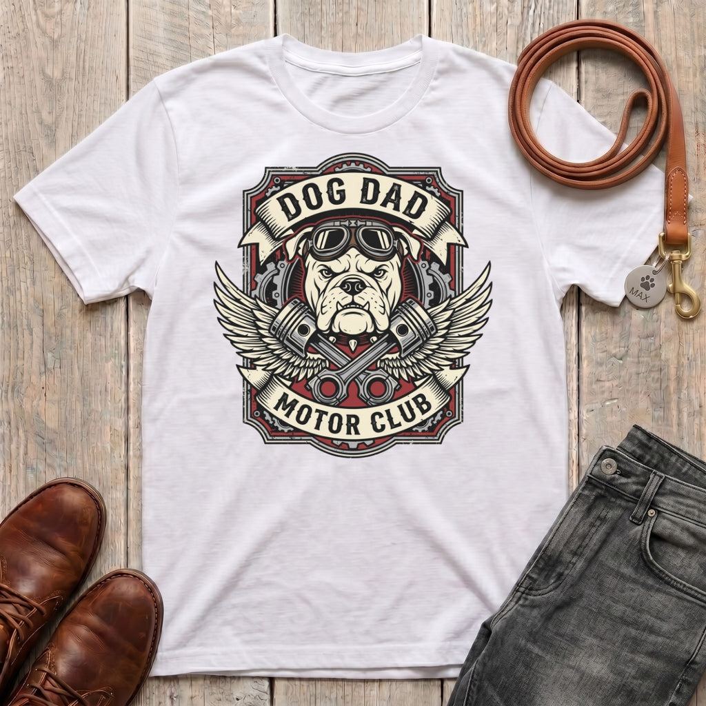 Fetchkind Dog Dad Motor Club t-shirt in white with vintage bulldog biker badge illustration