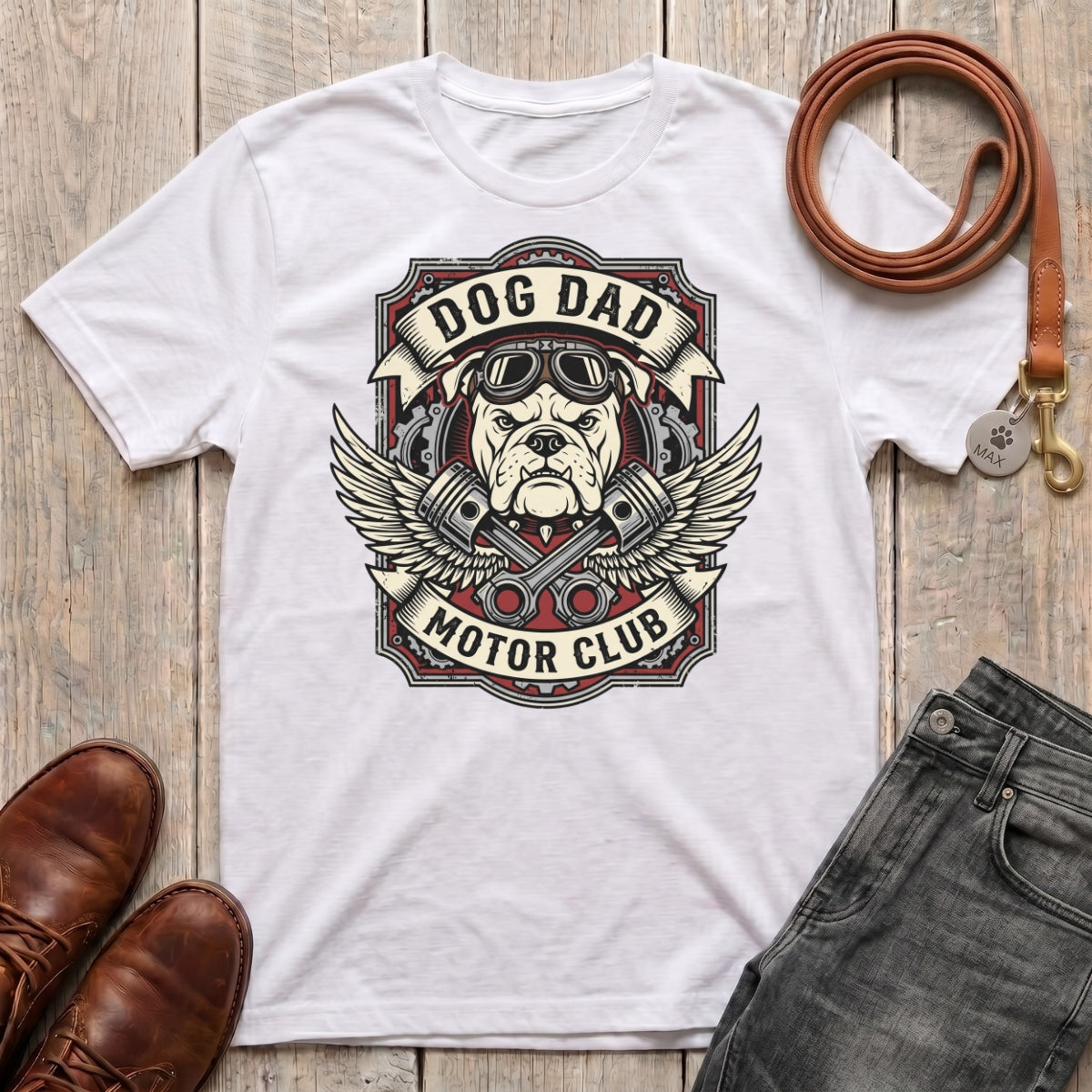 Fetchkind Dog Dad Motor Club t-shirt in white with vintage bulldog biker badge illustration