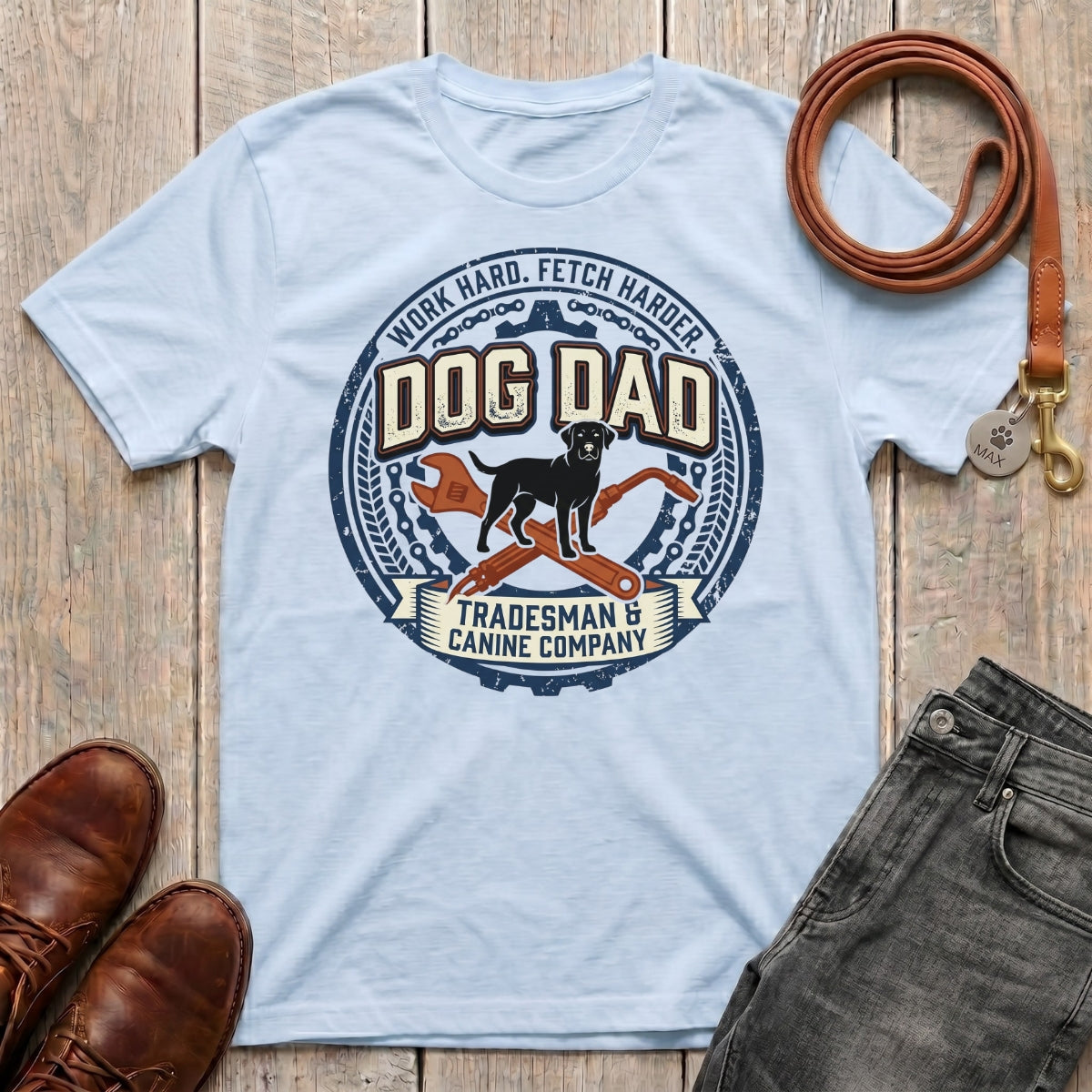Fetchkind Dog Dad Tradesman tee in light blue vintage badge Labrador dog dad gift for UK pet owners