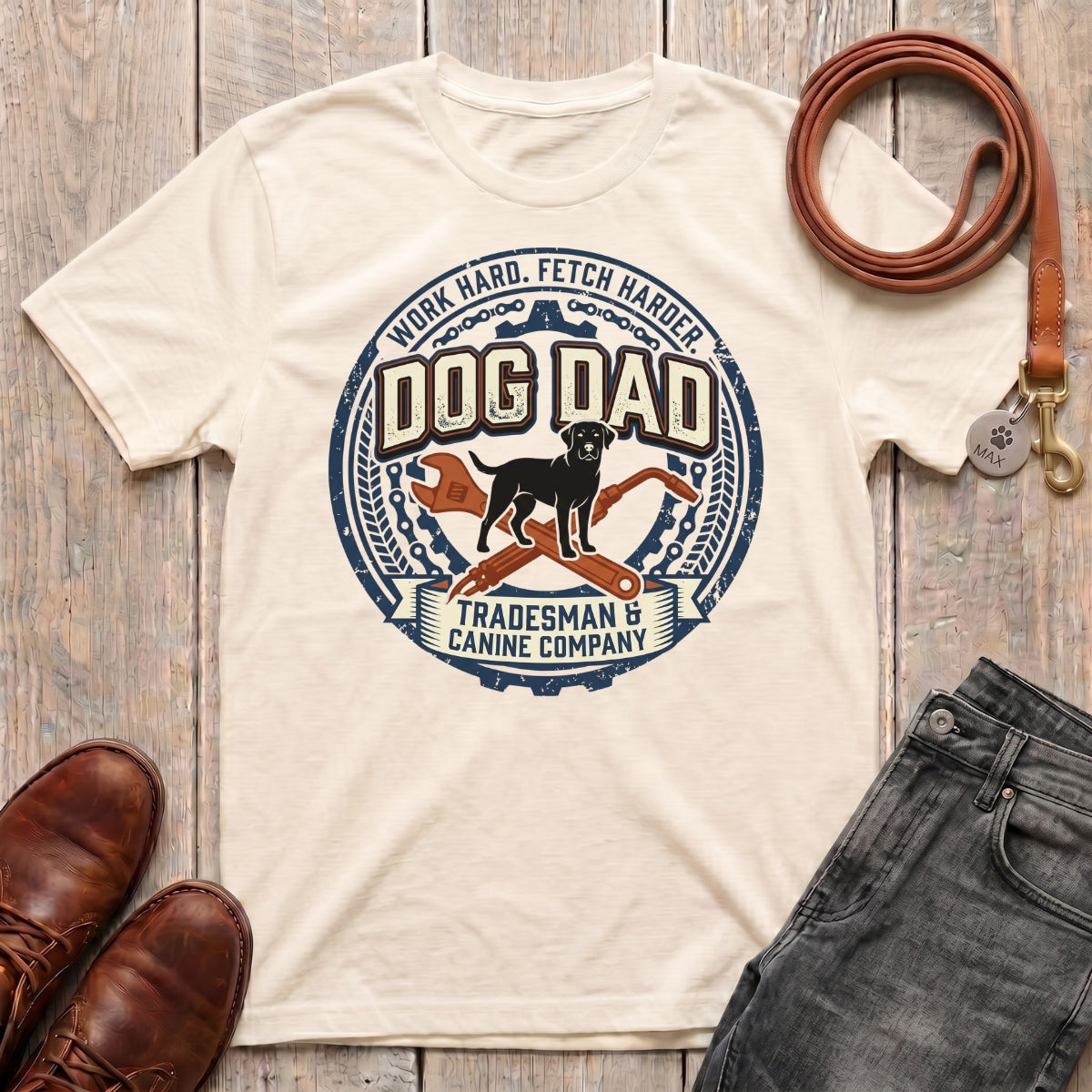 Fetchkind Dog Dad Tradesman Canine Company t-shirt in natural soft everyday Labrador dog dad tee UK