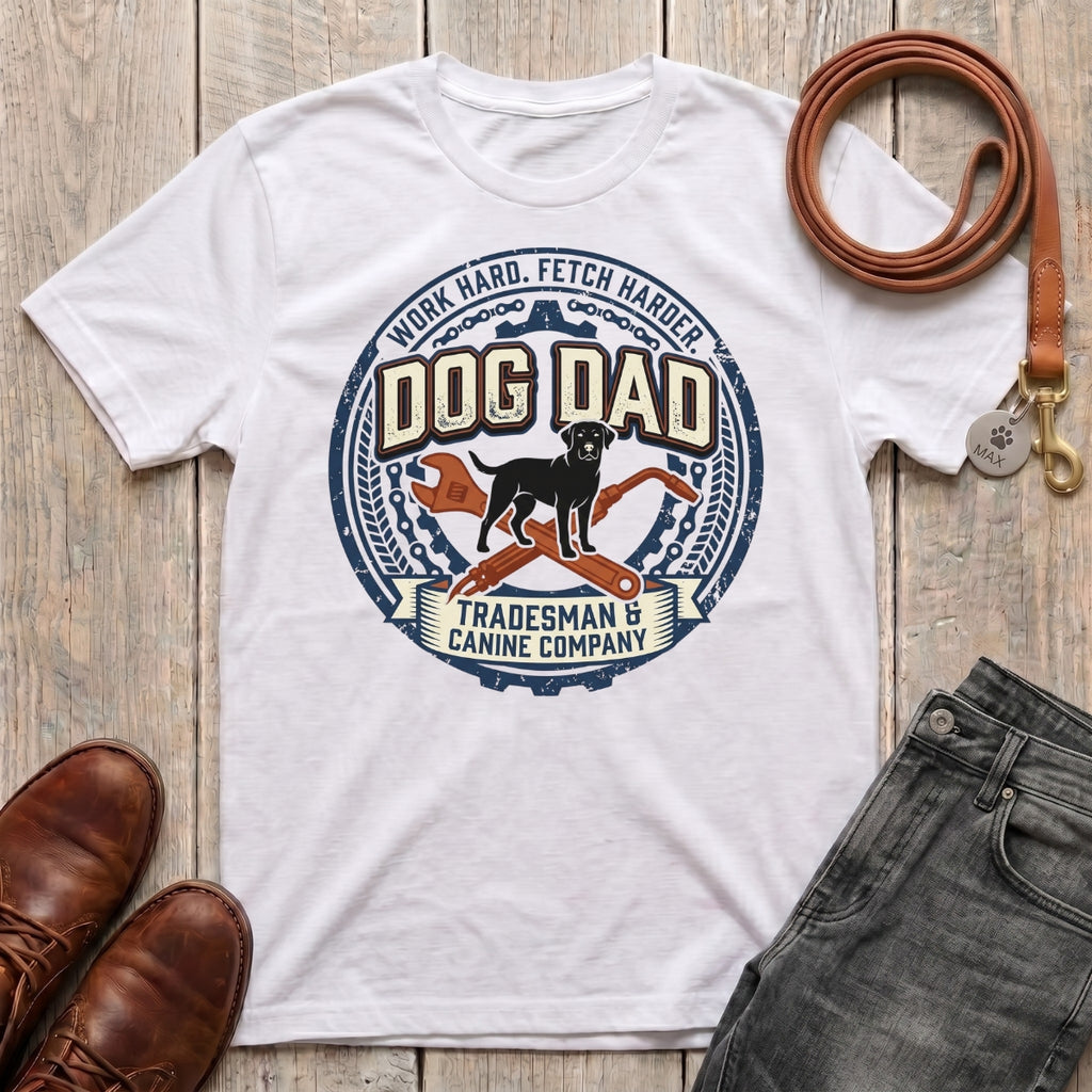 Fetchkind Dog Dad Tradesman Canine Company t-shirt in white with vintage badge and Labrador illustration