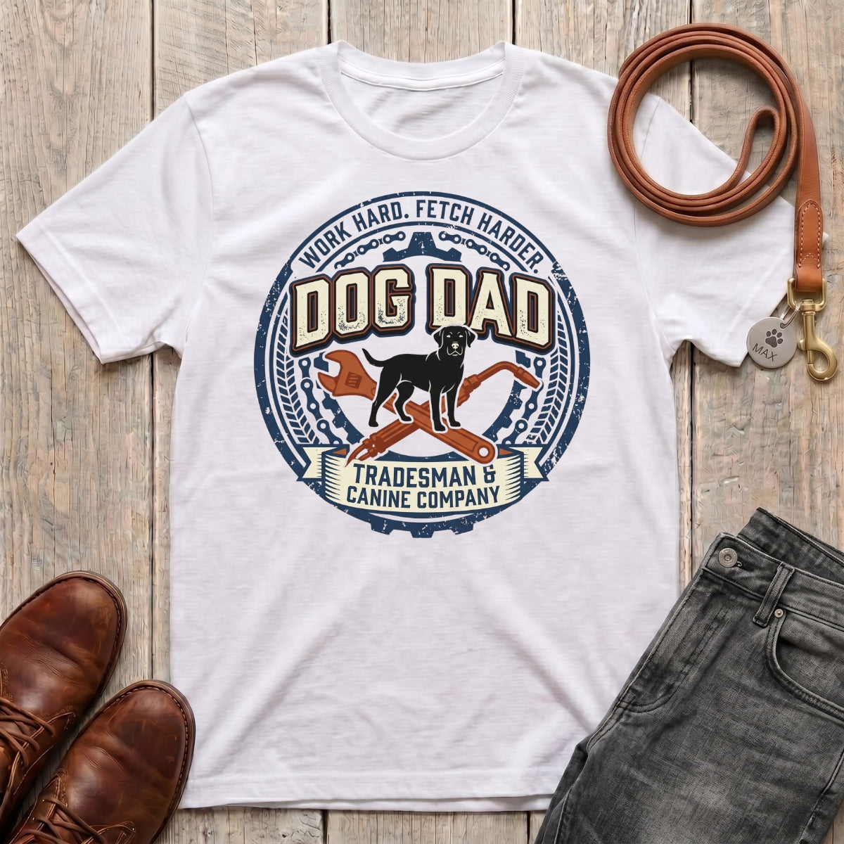 Fetchkind Dog Dad Tradesman Canine Company t-shirt in white with vintage badge and Labrador illustration