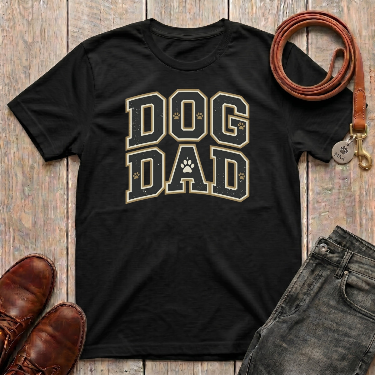 Fetchkind Dog Dad varsity t-shirt in black with bold gold varsity lettering and paw print detail