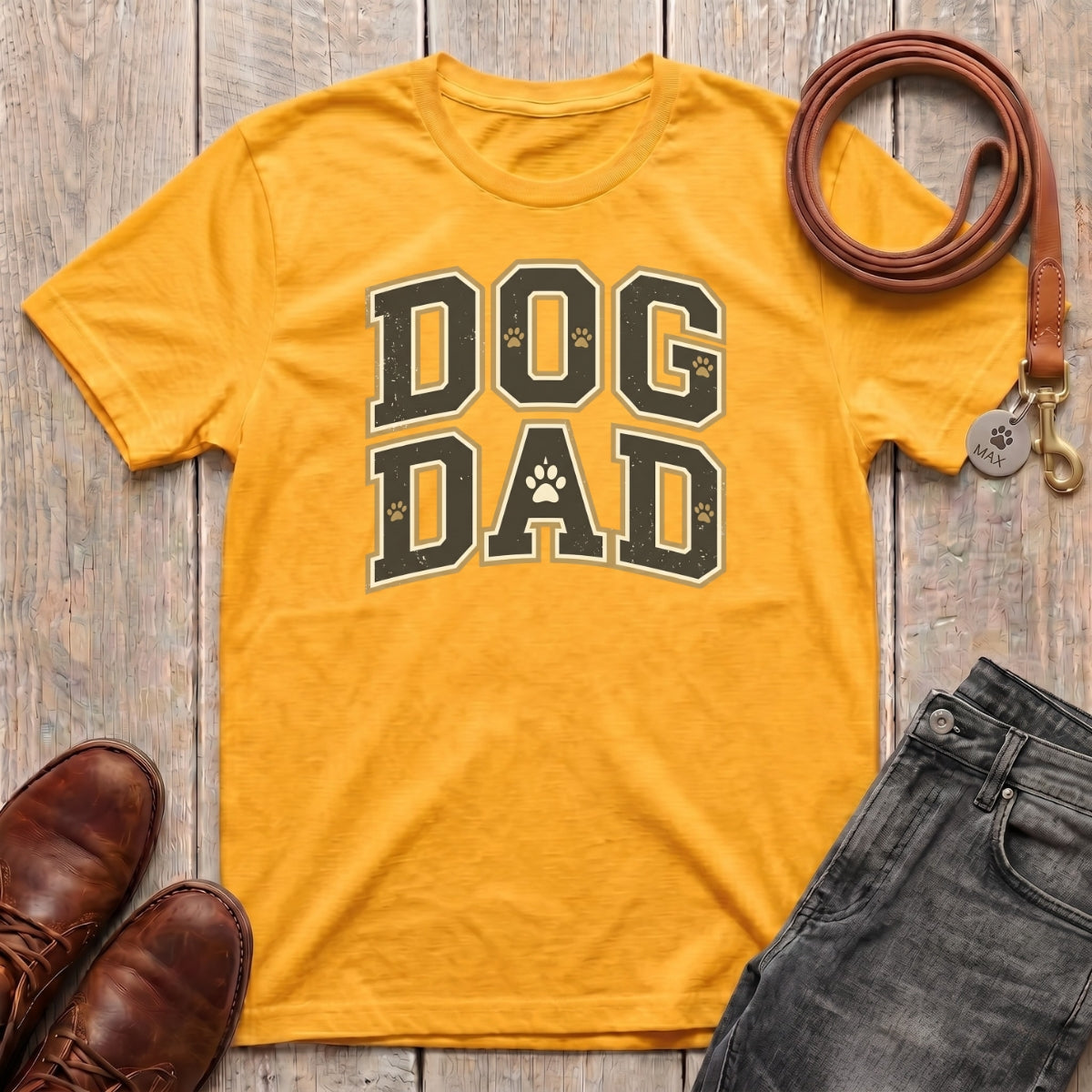 Fetchkind Dog Dad varsity t-shirt in gold collegiate dog dad gift idea from Fetchkind UK
