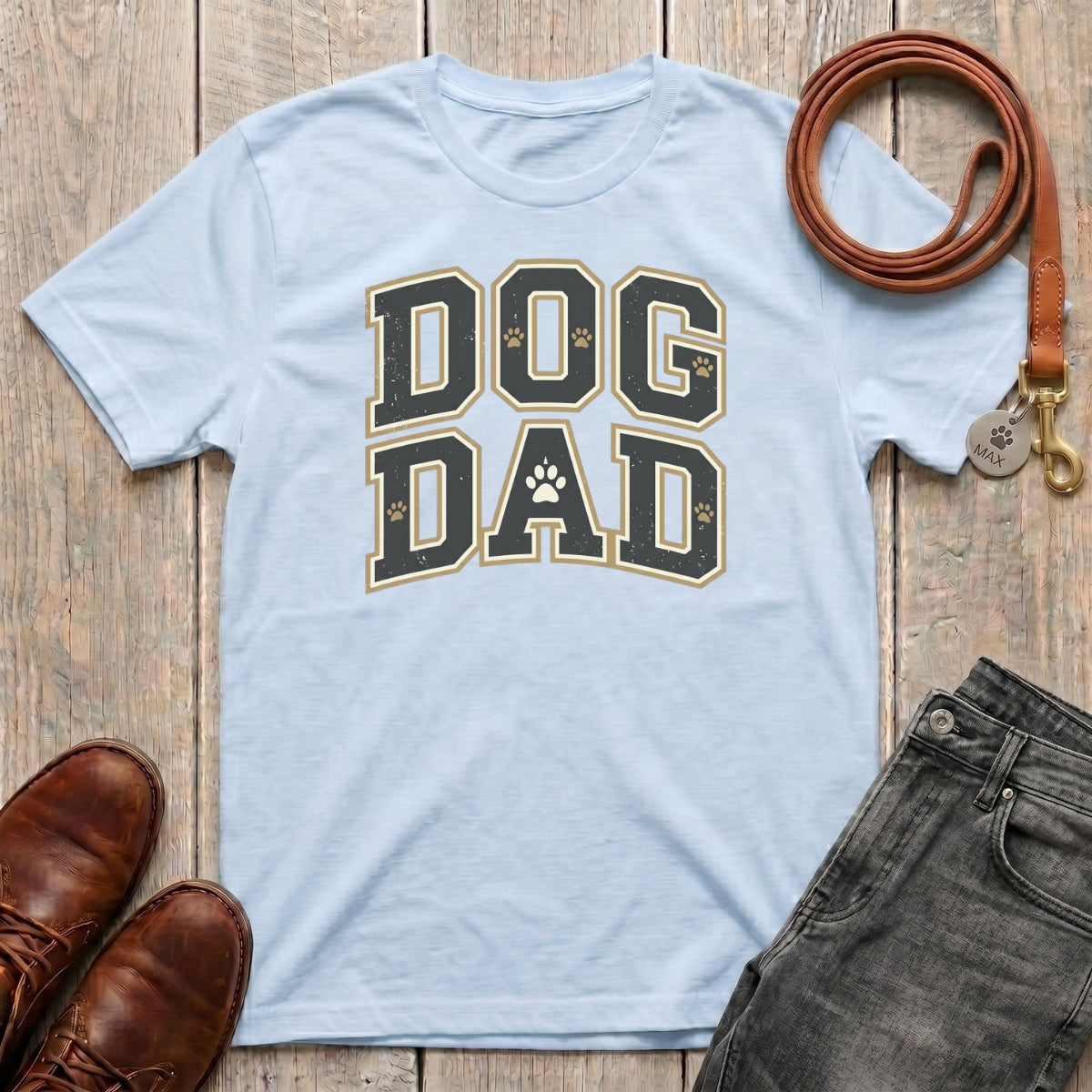 Fetchkind Dog Dad varsity t-shirt in light blue casual varsity dog dad tee for UK pet owners