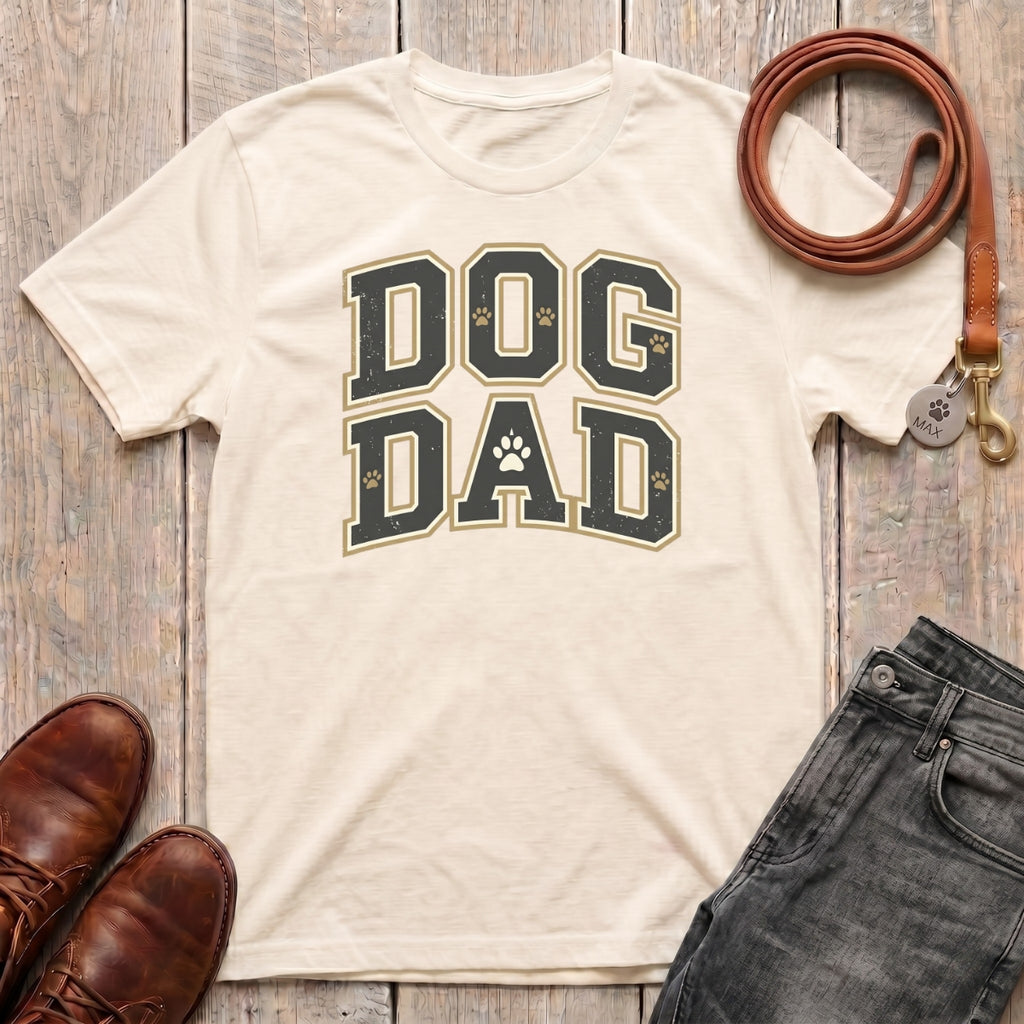 Fetchkind Dog Dad varsity t-shirt in natural soft everyday varsity dog dad tee for UK pet owners