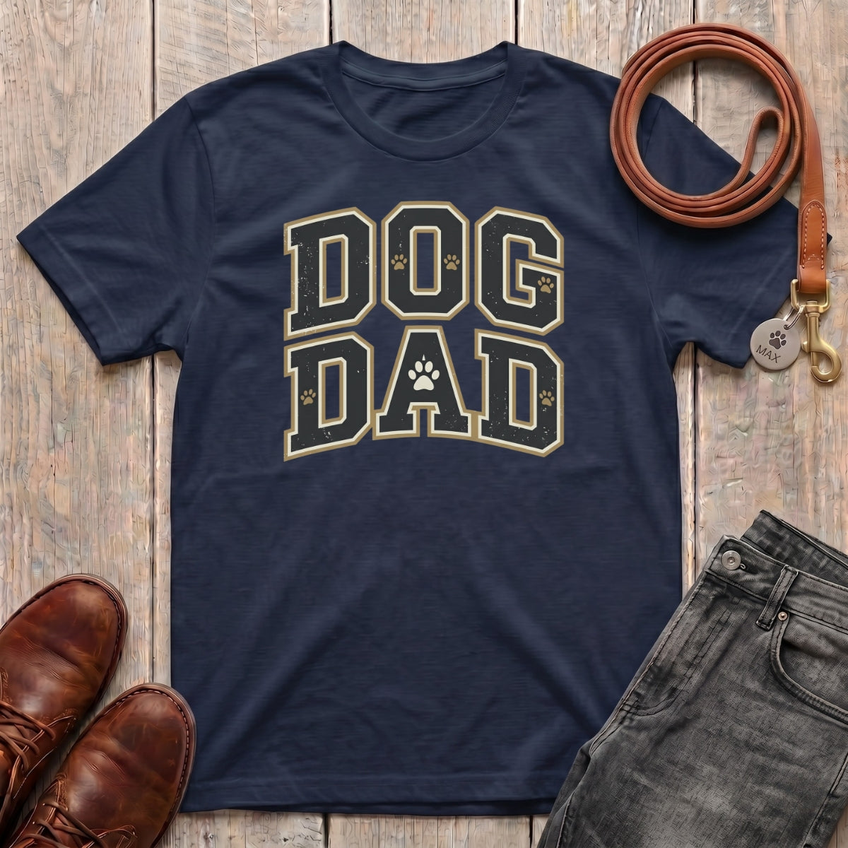 Fetchkind Dog Dad varsity t-shirt in navy a bold gift for dog dads and dog lovers in the UK