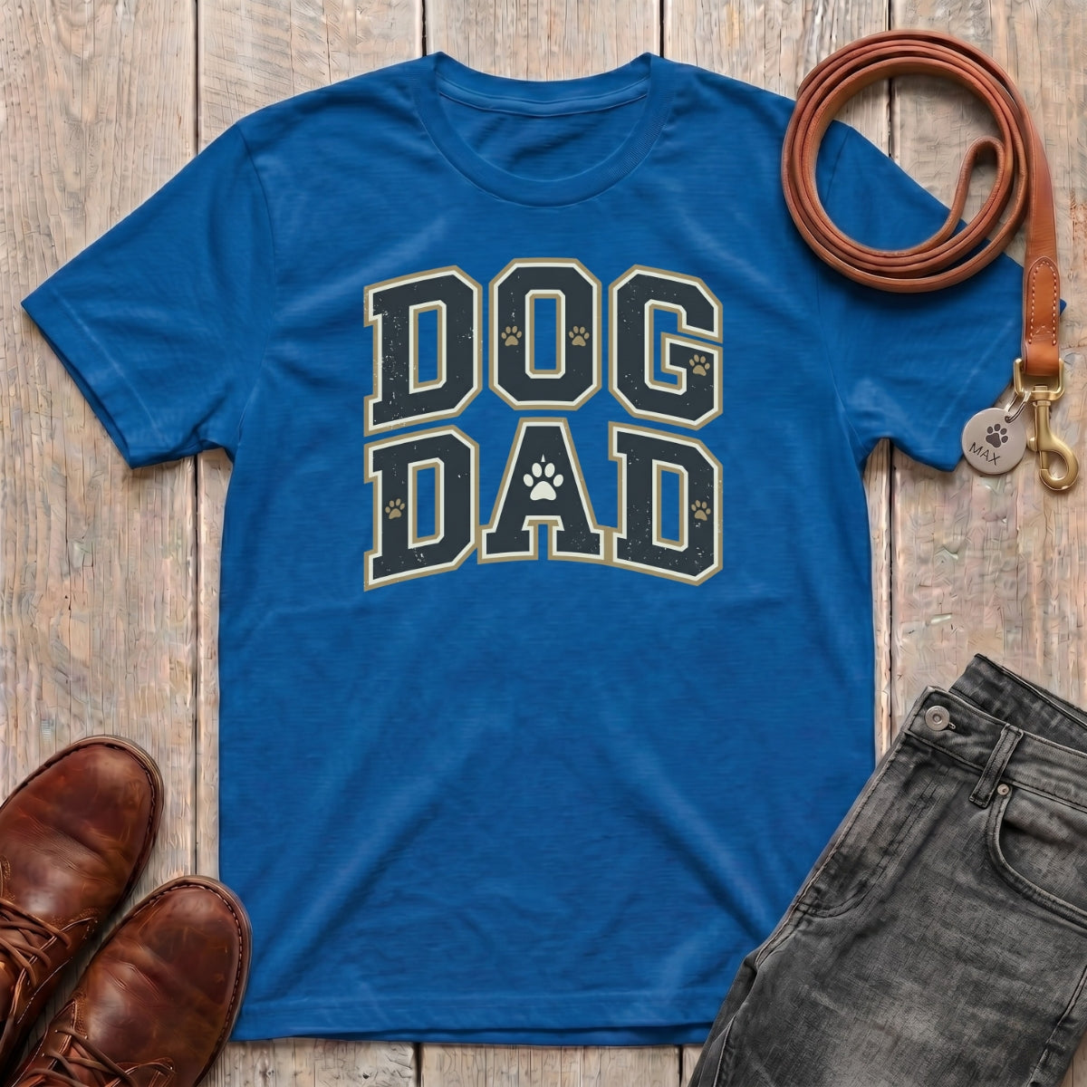 Fetchkind Dog Dad varsity t-shirt in royal blue varsity style dog dad gift tee from Fetchkind