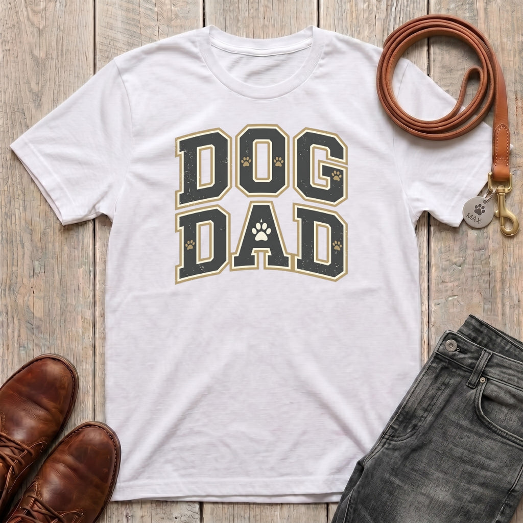 Fetchkind Dog Dad varsity t-shirt in white with bold charcoal and gold distressed lettering