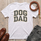 Fetchkind Dog Dad varsity t-shirt in white with bold charcoal and gold distressed lettering