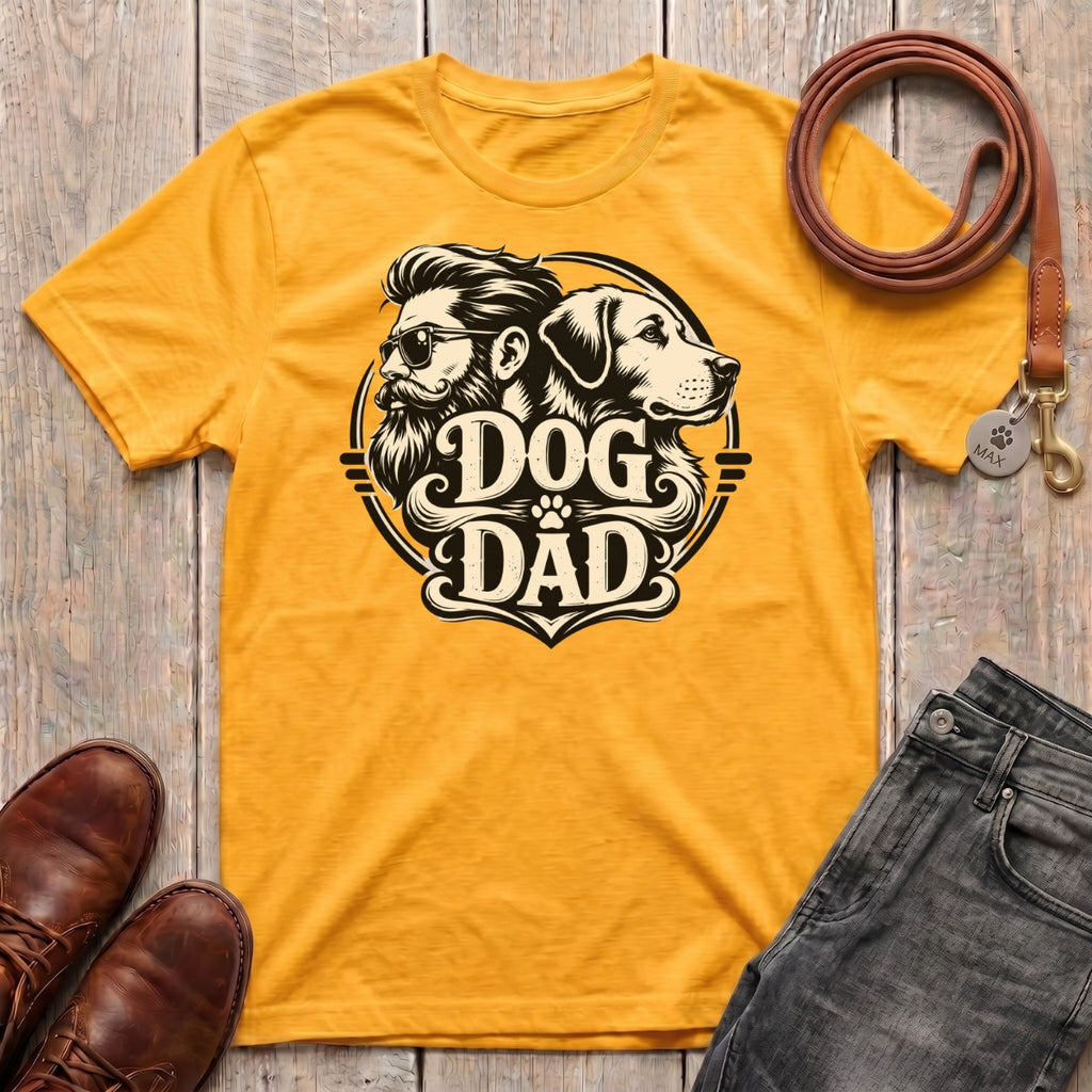 Fetchkind Dog Dad vintage t-shirt in gold retro badge dog dad gift idea from Fetchkind UK