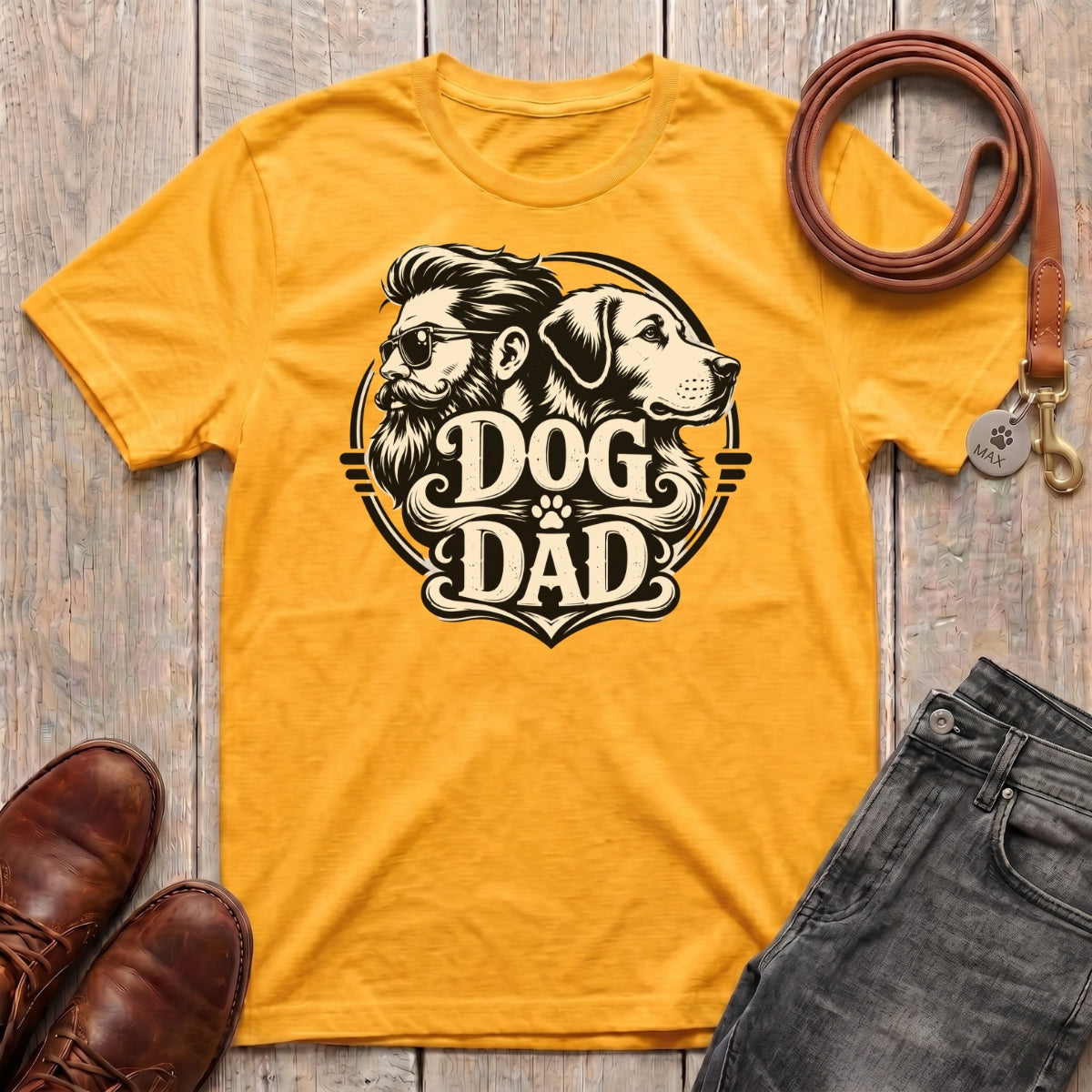 Fetchkind Dog Dad vintage t-shirt in gold retro badge dog dad gift idea from Fetchkind UK