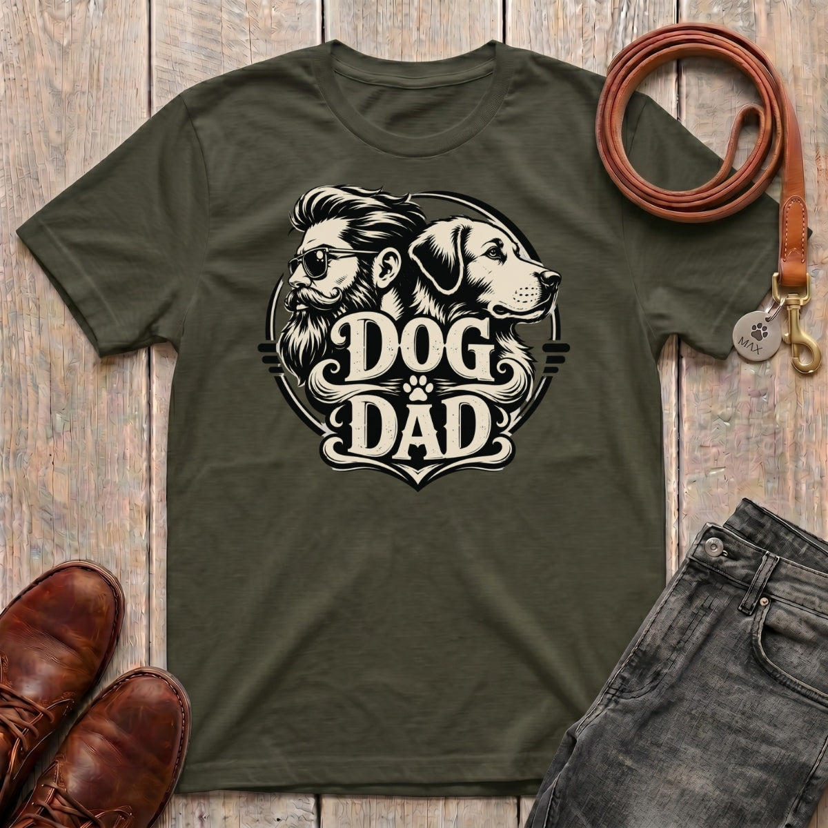 Fetchkind Dog Dad vintage t-shirt in military green illustrated dog dad tee for pet owners UK