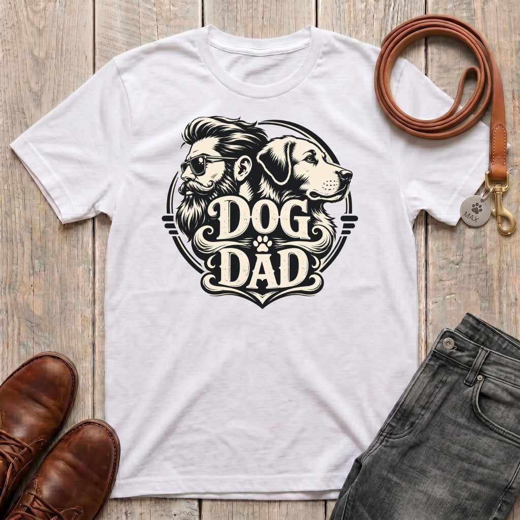 Fetchkind Dog Dad vintage illustration t-shirt in white with bearded man and dog badge design