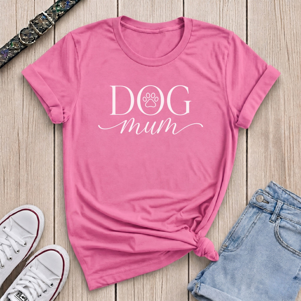 Fetchkind azalea pink dog mum tee with elegant white serif and script paw print design