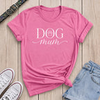 Fetchkind azalea pink dog mum tee with elegant white serif and script paw print design