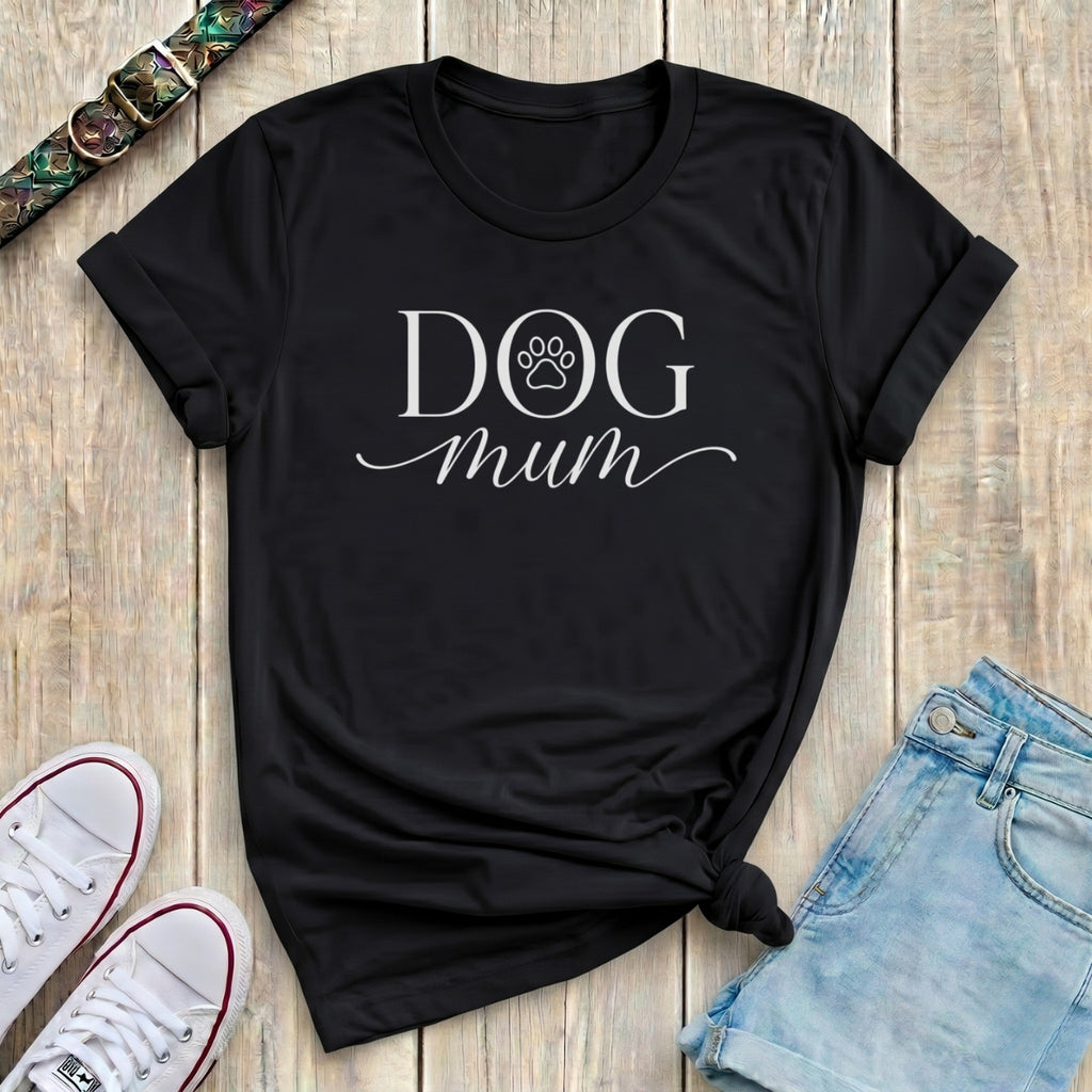 Fetchkind black elegant dog mum t-shirt with white serif script paw print dog lover gift