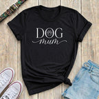 Fetchkind black elegant dog mum t-shirt with white serif script paw print dog lover gift