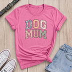 Fetchkind azalea pink dog mum tee with bold floral varsity lettering wildflower design
