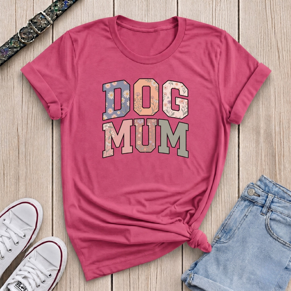 Fetchkind heliconia pink dog mum floral varsity t-shirt wildflower lettering gift idea UK
