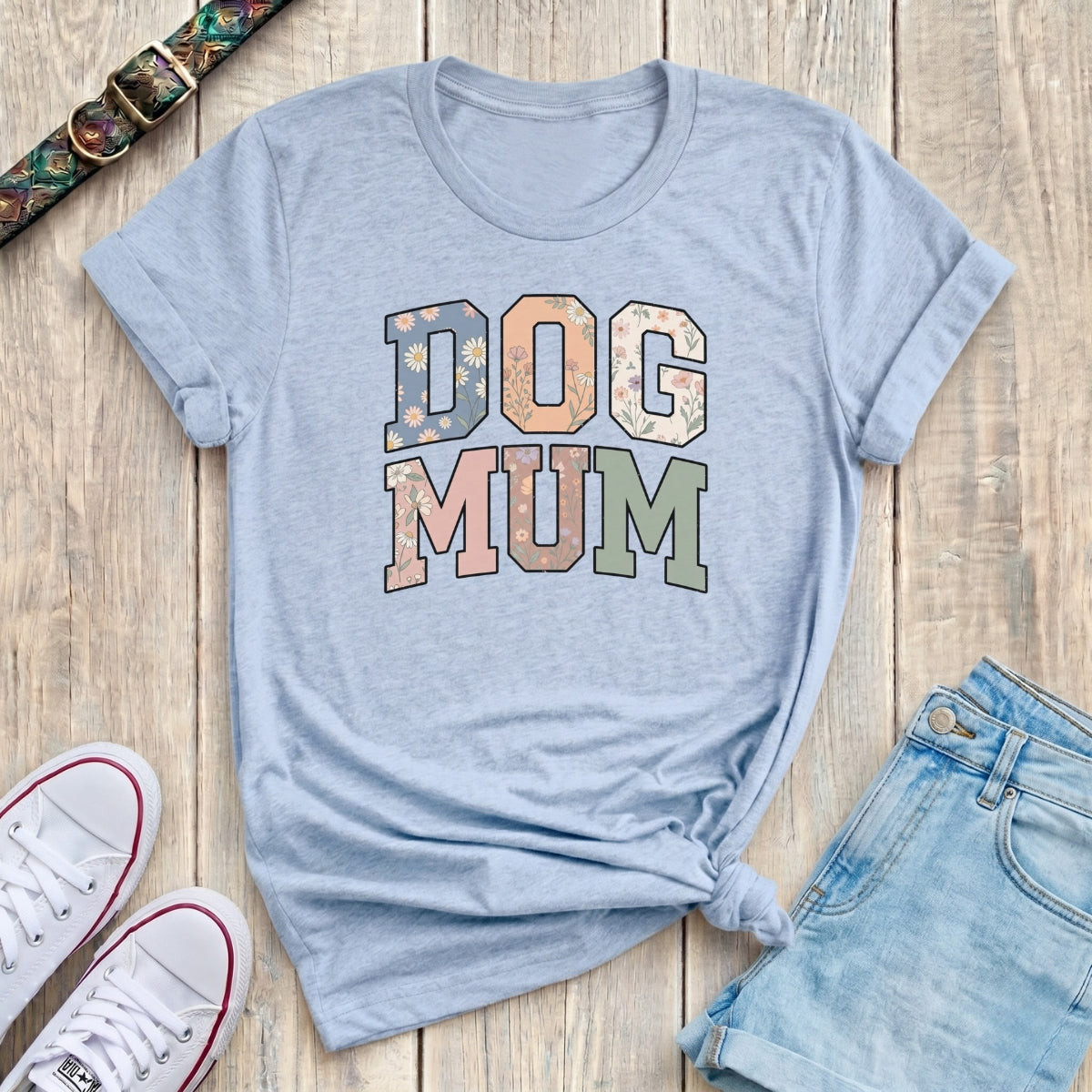 Fetchkind light blue dog mum floral varsity t-shirt with wildflower letter print for dog lovers UK