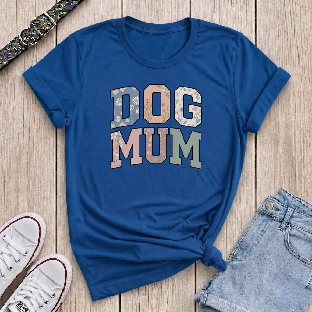 Fetchkind royal blue dog mum floral varsity t-shirt with wildflower filled lettering UK
