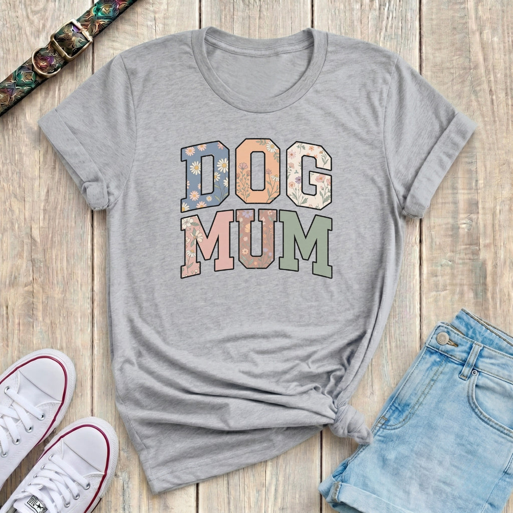 Fetchkind sport grey dog mum floral varsity t-shirt with daisy wildflower letter print UK