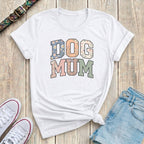 Fetchkind white dog mum floral varsity tee with daisy and wildflower filled letter design