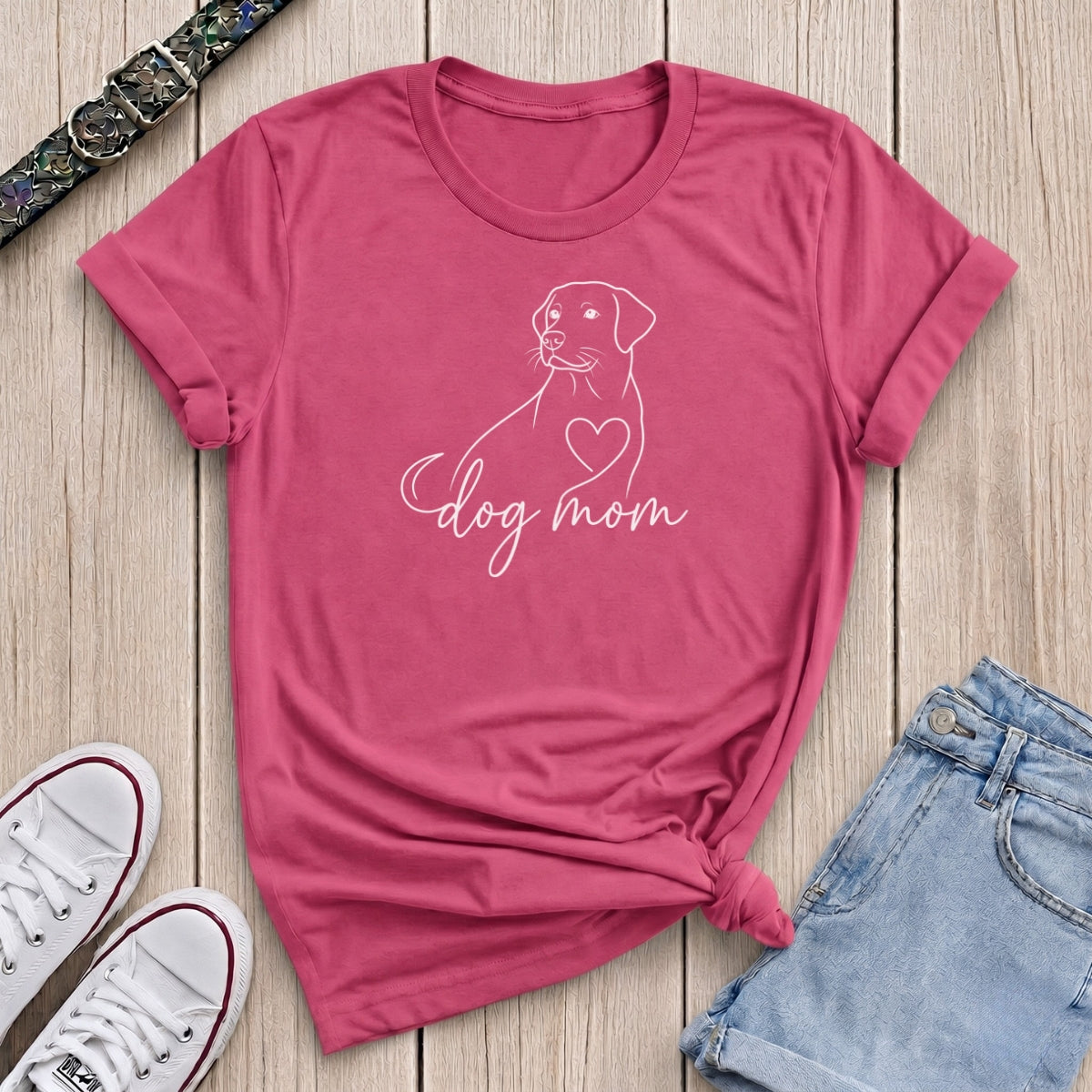Fetchkind heliconia pink dog mum labrador line art tee minimal heart script gift UK