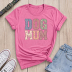 Fetchkind azalea pink dog mum tee with patchwork floral varsity lettering stitched detail