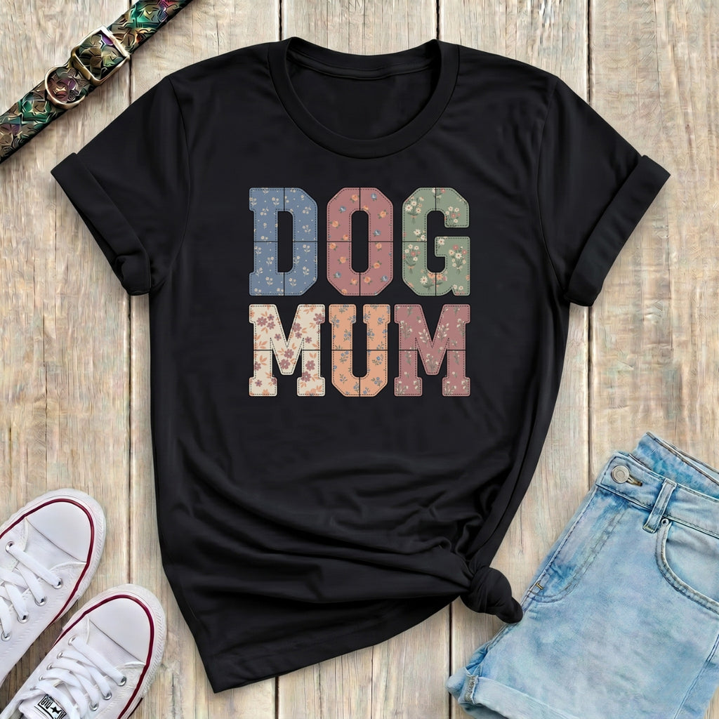 Fetchkind black dog mum patchwork floral varsity t-shirt with stitched floral letter detail