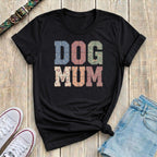 Fetchkind black dog mum patchwork floral varsity t-shirt with stitched floral letter detail