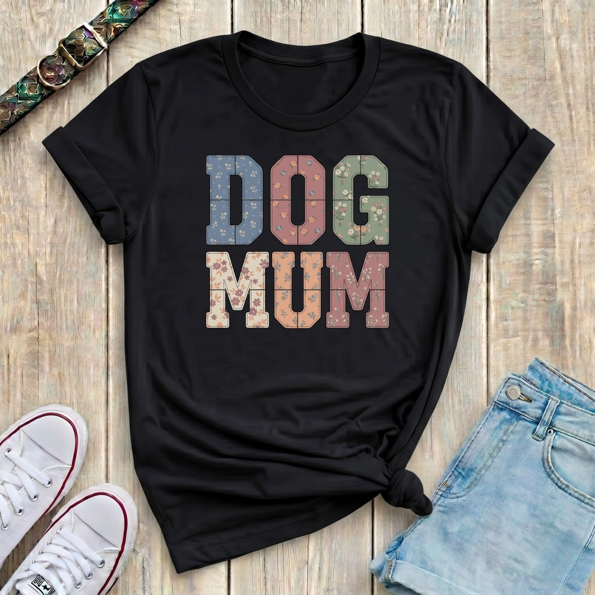 Fetchkind black dog mum patchwork floral varsity t-shirt with stitched floral letter detail