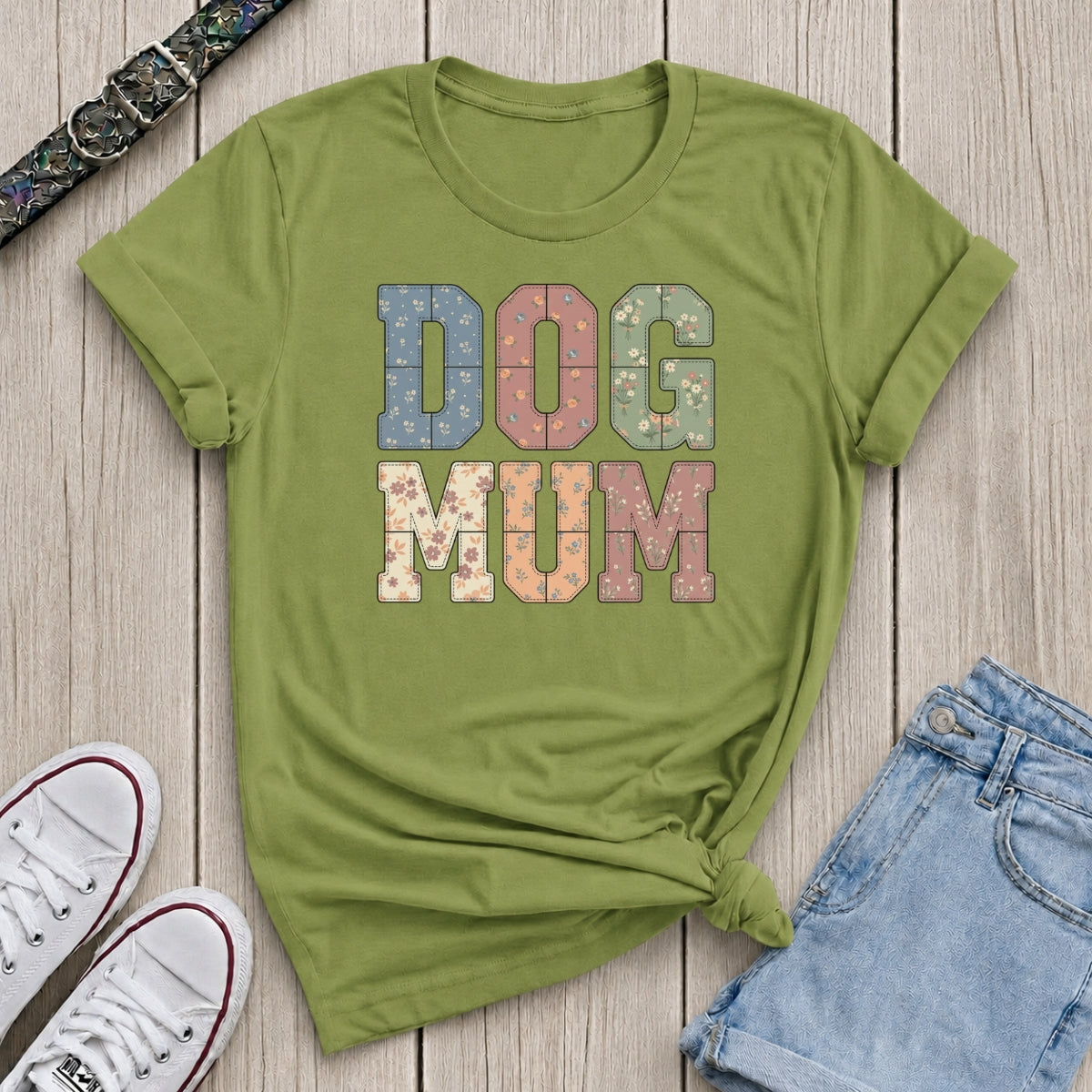 Fetchkind kiwi green dog mum patchwork floral tee with individual stitched letter prints