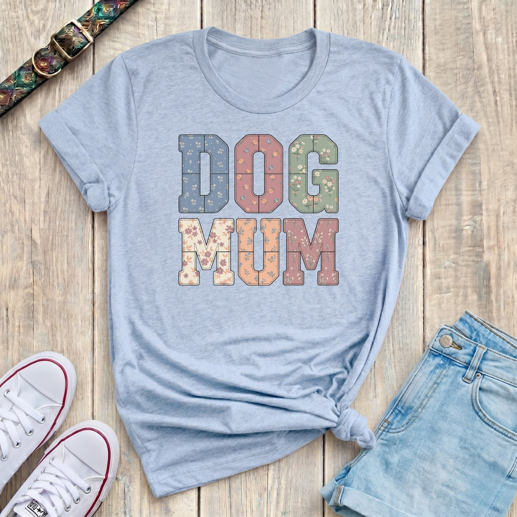 Fetchkind light blue dog mum patchwork floral t-shirt with stitched varsity letter design UK