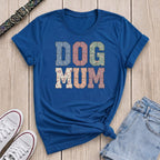 Fetchkind royal blue dog mum patchwork floral varsity t-shirt stitched floral design UK